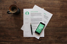 Load image into Gallery viewer, Free A4 Paper Mockup with Leather Case and Smart Phone